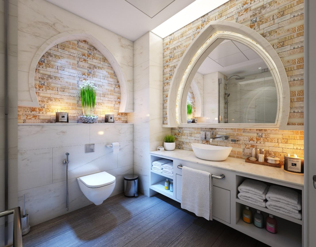 a modern bathroom with a towel hanging on the steel bar