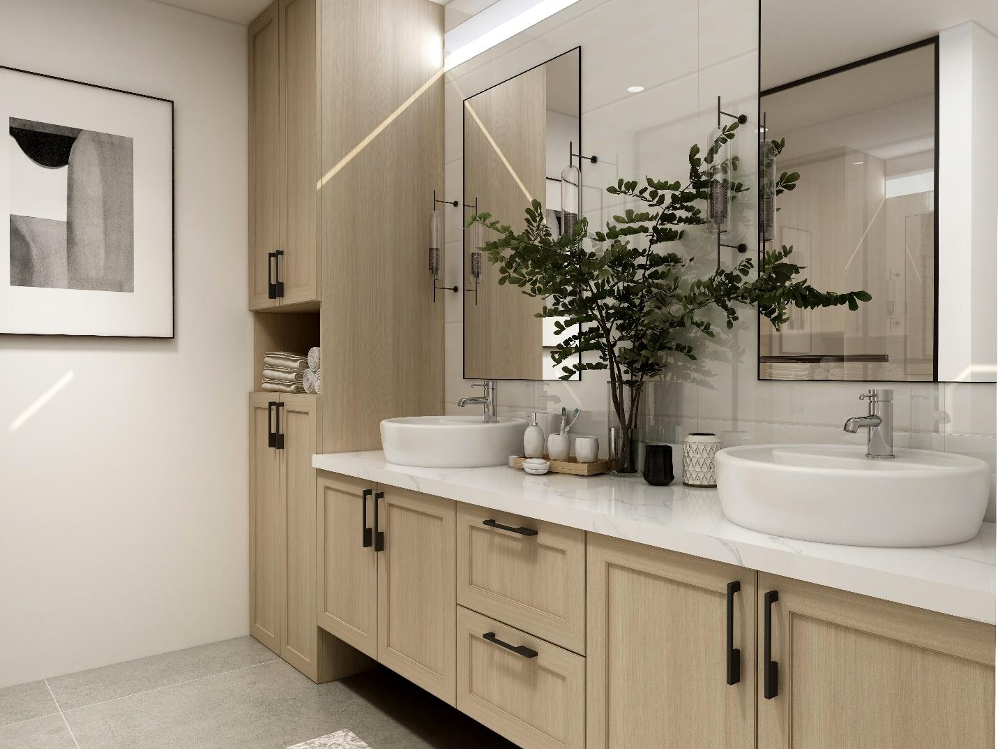 a modern bathroom with shelves and cabinets